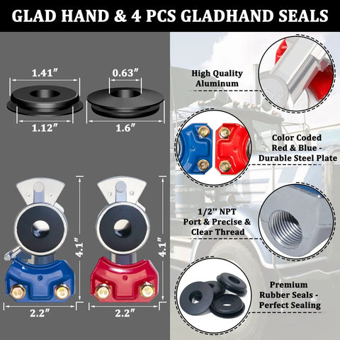 Diagram showing dimensions and features of glad hands and seals in the 12ft 3 In 1 ABS Power Air Line Hose With Glad Hands And 4 Glad Hand Seals.