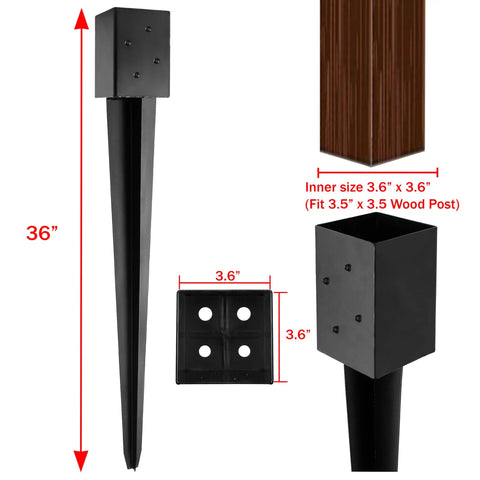 4x4 Fence Post Ground Spike Anchor 36 Inch Steel Black Powder Coated No Dig Install Mailbox Post Anchor Fits Three Point Five By Three Point Five Lumber Hammer In Or Drill Ready With Included Driver Bit