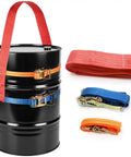 Shop Floor Ready Heavy Duty Fifty Five Gallon Drum Lifting Sling With Twin Adjustable Ratchet Straps, black drum and straps.