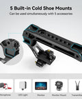 Lightweight NATO Top Handle With Quick Release NATO Rail For DSLR Camera Cages, Ergonomic Silicone Grip shown with 5 cold shoe mounts.