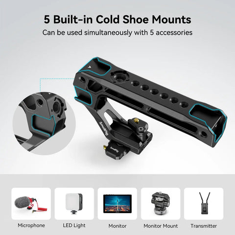 Lightweight NATO Top Handle With Quick Release NATO Rail For DSLR Camera Cages, Ergonomic Silicone Grip shown with 5 cold shoe mounts.