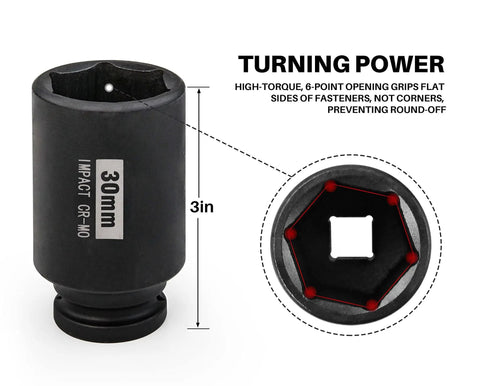 30mm socket detail of 1/2 Inch Deep 6-Point Impact Socket Set For Axle Nuts 29mm-38mm, 9-Piece Cr-Mo Chrome Molybdenum Steel With Black Phosphate Finish