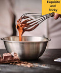 3 Pack Stainless Steel Balloon Whisks Set For Cooking, blending chocolate in a bowl, showcasing reinforced wires for no tangling.