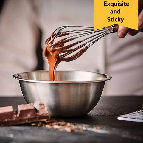 3 Pack Stainless Steel Balloon Whisks Set For Cooking, blending chocolate in a bowl, showcasing reinforced wires for no tangling.