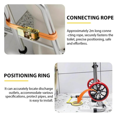 Portable Toilet Installation Lift Jack And Foldable Dolly with connecting rope and positioning ring for easy toilet moving, alignment and seals.