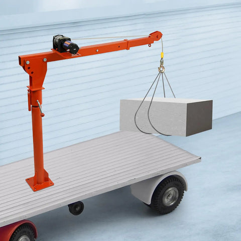 Heavy Duty 1100 Lb Truck Mounted Crane Hoist W/ 12V Electric Winch lifting a concrete block on a flatbed, Q235 steel construction.