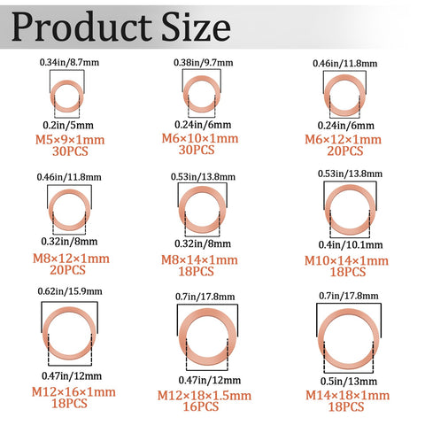 Copper Crush Washer Set 188 PC Oil Drain Plug Sealing Washers Kit In 9 Sizes M5 M6 M8 M10 M12 M14 with product size chart