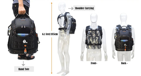 77 Pocket Electricians Tool Backpack With Hard Moulded Bottom And 65 Pcs Molle Loops Four Compartments Titanium Hook Waterproof Design For HVAC Construction And Field Techs A Gear Carrier For Tough Job Sites, showing hand tote and shoulder carrying method.