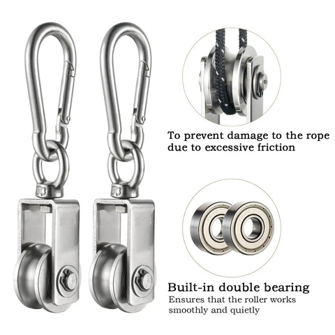 Dual Bearing Cable Pulley Wheel With Clip For Rope System 360 Degree Swivel Small Wire Pulley Smooth Quiet Operation For Home Gym Lifting Winch Diy Set 2 Pack, stainless steel