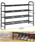 Go-To Long Four Tier Metal Shoe Rack Storage Organizer with Extra Wide Shelf Holds 25 to 30 Pairs, black frame dimensions