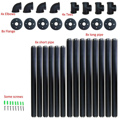 Industrial Pipe Shelf Brackets 2 Pack For 42 Inch Tall Wall Mount Iron Pipe Shelving System 12 Inch Deep Black Hardware Only 4 Tier Built Tough DIY Bookshelf parts including pipes, flanges, elbows, and screws