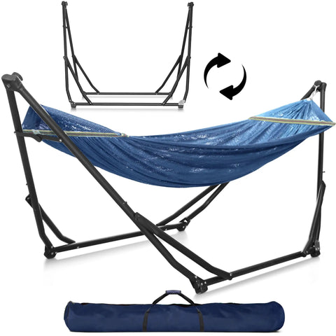 Hammock With Heavy Duty Steel Stand For Indoor And Outdoor Chill Sessions 600Lb Capacity Foldable 2 Layer Soft Polyester Durable