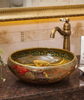 Rock Solid Vintage Brown Porcelain Vessel Sink For Bathroom Vanity, Super Sleek High Gloss Above Counter Round Wash Bowl Heavy Duty Ceramic Basin With Easy Install, artistic design with faucet and flower.