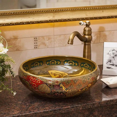 Rock Solid Vintage Brown Porcelain Vessel Sink For Bathroom Vanity, Super Sleek High Gloss Above Counter Round Wash Bowl Heavy Duty Ceramic Basin With Easy Install, artistic design with faucet and flower.