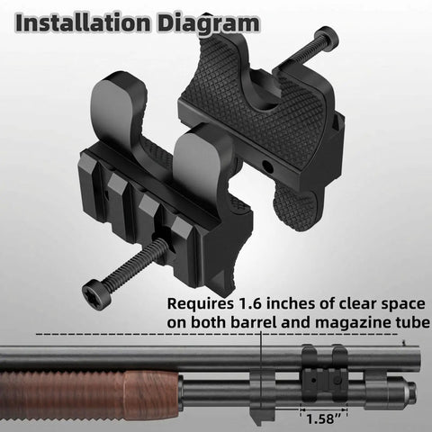 Installation diagram for Tactical Shotgun Barrel Clamp Mount With Dual Picatinny Rails for 12 gauge shotguns