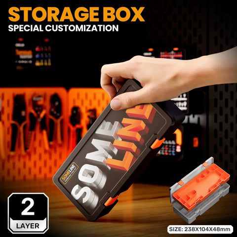 Hand holding double-layer storage box for Open Terminal Connector Crimping Tool Kit, size 238x104x48mm with orange accents.