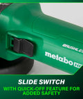 Slide switch on Five Inch Angle Grinder With High Torque And Brushless 12 Amp AC Motor, Variable Speed Six Speeds, Soft Start