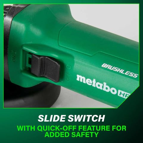 Slide switch on Five Inch Angle Grinder With High Torque And Brushless 12 Amp AC Motor, Variable Speed Six Speeds, Soft Start