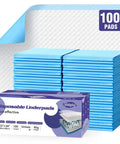 Premium Heavy Duty Disposable Pads 23X36 Inch 100 Count Bulk Pack stacked blue pads with white quilted surface for bed floor use.