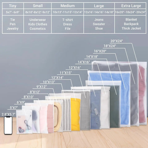 Bulk Pack 100 Count 10 By 13 Inch Frosted Zipper Plastic Bags For Clothing With Vent Holes in various sizes displayed