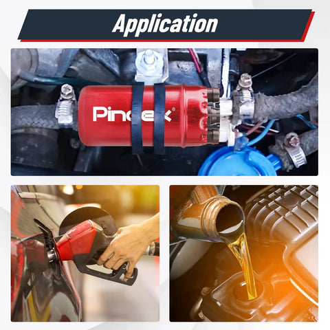 Universal Inline Fuel Pump 116 PSI High Pressure 12V Electric Pump for Injection Systems, red aluminum body under hood