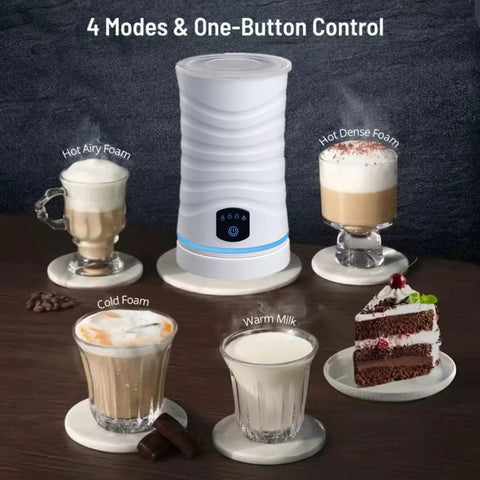4 In 1 Milk Frother And Steamer With Temperature Control And Auto Shut Off For Hot Or Cold Foam For Coffee, white unit with foam types displayed