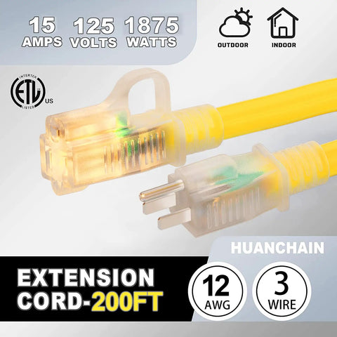 Close-up of 200 Ft Outdoor Extension Cord Waterproof Beefy Heavy Duty 12 Gauge 3 Conductor With Lighted End Flexible