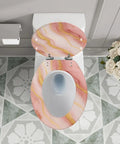 Elongated Toilet Seat Quiet Soft Close Bathroom in pink marble design, fits standard toilets, top view.