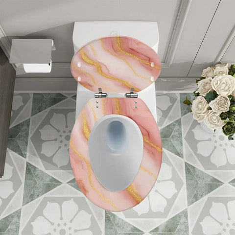 Elongated Toilet Seat Quiet Soft Close Bathroom in pink marble design, fits standard toilets, top view.