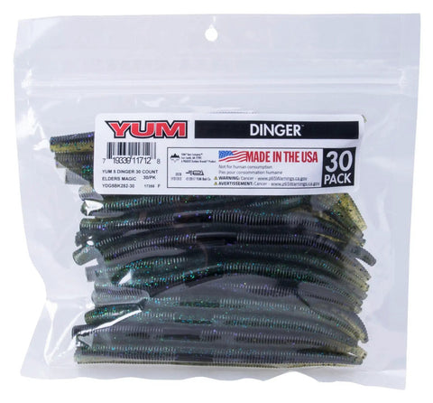 Dinger Bulk Elders Magic 5 Inch Lure For All Weather Fishing pack visible in clear plastic bag, labeled 30 pack, made in USA.