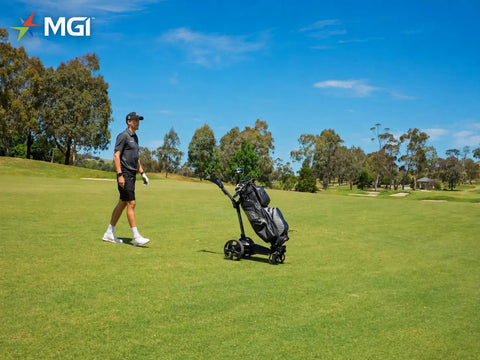 Pro Level Electric Golf Cart With Smart Remote Control And All Terrain Grip For Smooth Walking Assistance and Go The Distance Rounds on green fairway.