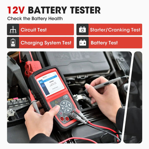 Person using All-In-One OBD2 Scanner With Battery Tester Avometer Full OBDII Diagnosis And Starting And Charging System Tests on car battery