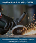 Close-up of angle grinder using a 4.5-inch zirconia flap disc (Type 29); sparks fly.