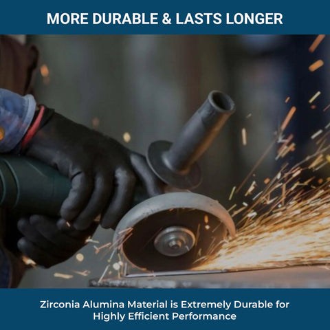 Close-up of angle grinder using a 4.5-inch zirconia flap disc (Type 29); sparks fly.