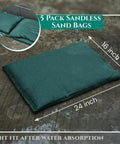 5 Pack Flood Barrier Bags 16x24 Inches for Quick Water Control on wet ground, dark green canvas sandless design, size labeled.