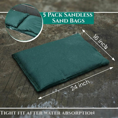 5 Pack Flood Barrier Bags 16x24 Inches for Quick Water Control on wet ground, dark green canvas sandless design, size labeled.