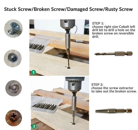 Hardworking Stubby Left Hand Reverse Drill Bit And Screw Extractor Set, 10-Piece M35 Cobalt Bits used for screw removal steps