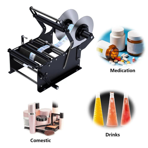 Handheld Adjustable Round Bottle Labeler For Smooth Glue ApplicationHandles various sizes and shapes, used for labeling medication and cosmetics.