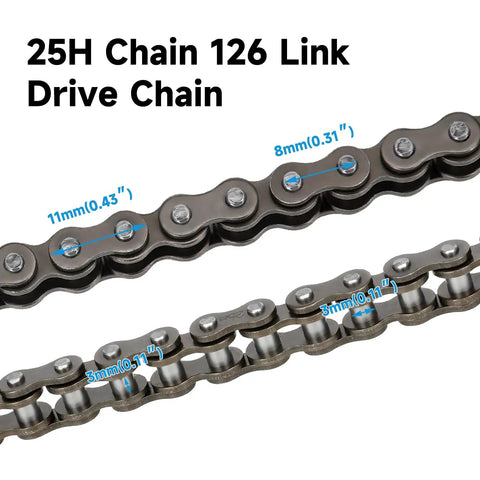 Close-up of Heavy Duty 126 Link Drive Chain With Chain Tensioner Replacement for Razor MX350 MX400 electric sport bikes.
