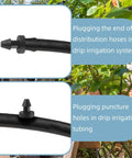100 Pack Drip Irrigation End Plugs For Quarter Inch Tubing shown sealing distribution hose and puncture in irrigation system
