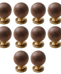10 Pack Walnut Wood Sphere Cabinet Pulls With Copper Base 1.18 Inch Drawer Knobs for Dressers, Wardrobes, and Cabinets