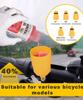 Dual Use Hydraulic Brake Bleed Kit For Road And MTB Bikes With M4 To M7 Adapters Mineral Oil Fluid And 2 X 60ml Bottles shown in use