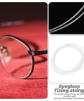 Close-up of eyeglasses with durable nylon eyewear repair string, ideal for quick fixes and DIY maintenance.