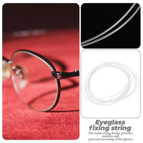 Close-up of eyeglasses with durable nylon eyewear repair string, ideal for quick fixes and DIY maintenance.