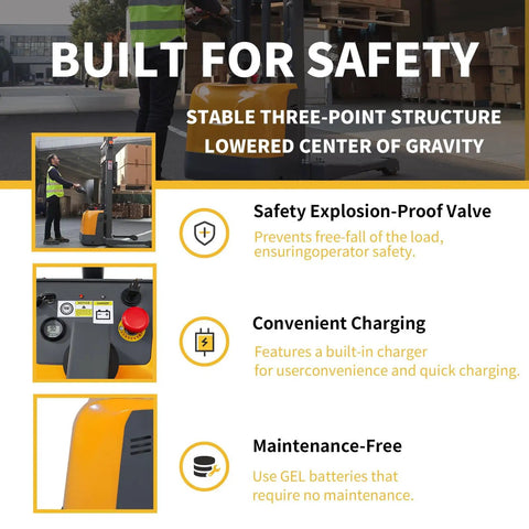 Heavy Duty Electric Pallet Stacker With 3300 Lb Capacity And One Hundred Thirty Inch Lift Height for safe and efficient material handling.