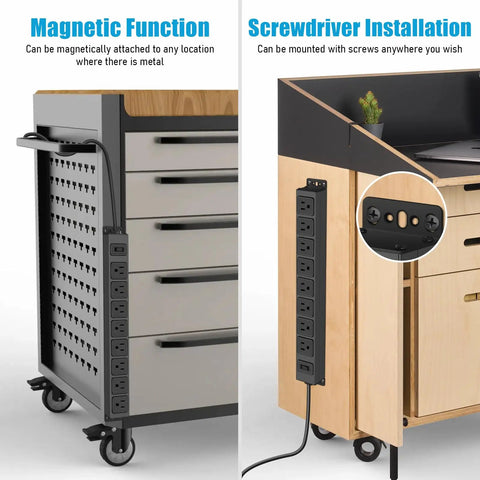 Eight Outlet Magnetic Power Strip With 6 Ft 14AWG Cord Mounts On Metal Surfaces No Drill Setup Includes Four Screws For Easy Wall Or Desk Use Perfect For Garage Shop Or Home Office, magnetic 8-outlet strip on cart and desk