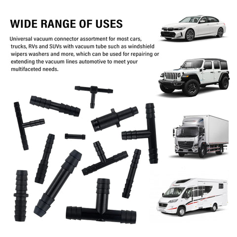 115-piece car vacuum hose connector kit with 12 sizes; black tee/straight/reducer fittings; heat resistant to 240°C.