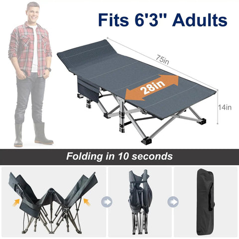 Beefy 28 Inch Wide Camping Cot For Adults, Heavy Duty 1200D Oxford Fabric, Portable Folding Camp Bed With Detachable Soft Mat
