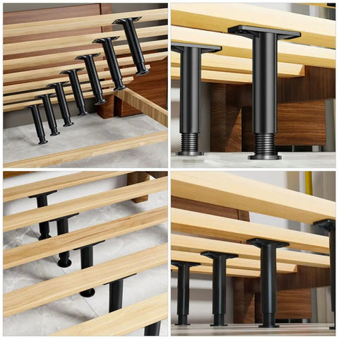 2 Pack Adjustable Bed Frame Support Legs with heavy duty metal bases, shown attached to wooden bed frame for floor protection and stability.