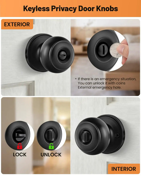 Black Privacy Door Knobs 10 Pack Keyless Interior Knobs For Bedroom And Bathroom With Emergency Release, image showing exterior and interior use.